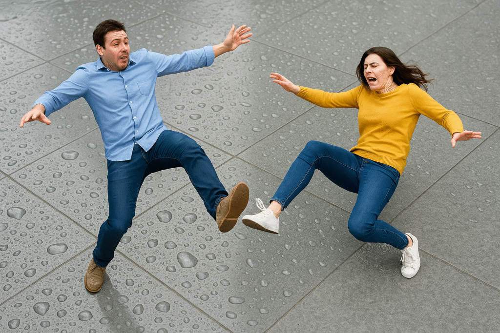 Is Kota stone slippery when wet? 3 Wet Kota stone floor showing polished and rough finishes for slip comparison