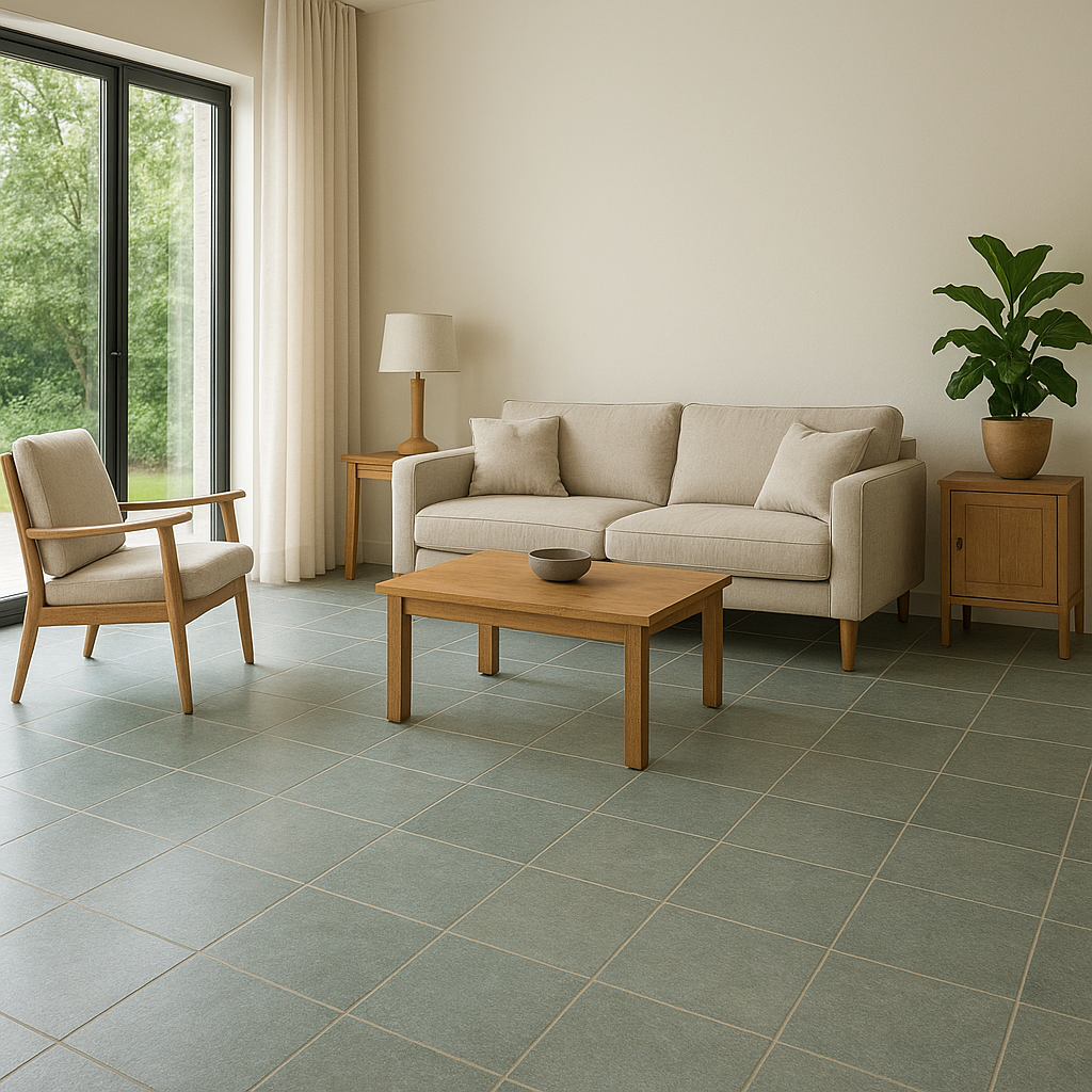 kota stone flooring design for living room 3 Modern Kota stone flooring in a stylish living room with natural light and wooden furniture