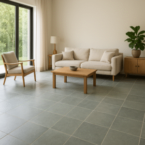 Modern Kota stone flooring in a stylish living room with natural light and wooden furniture