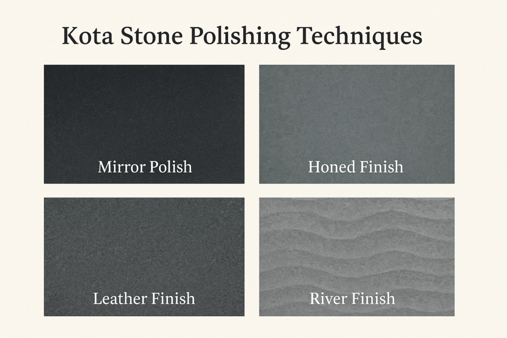 Different types of Kota stone polishing finishes including mirror, leather, and honed