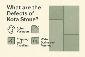 Illustration showing common defects of Kota stone such as color variation, chipping, cracking, and water stains.