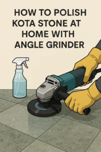 Hands using an angle grinder to polish Kota stone tiles at home with a water spray bottle beside the floor.