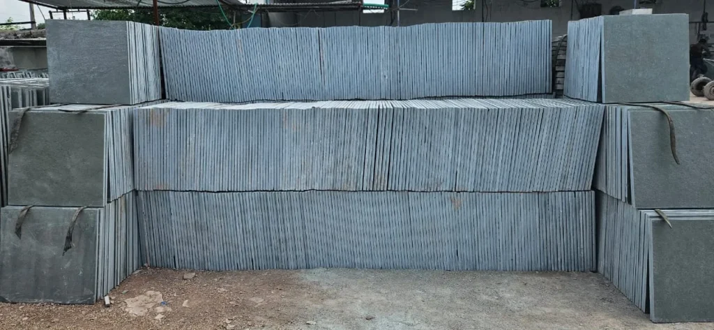 Price of Kota Stone 23x23 – Commercial ₹20/sq.ft. & Premium ₹22/sq.ft., thickness 18–32mm, diamond cut top, natural bottom