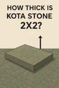 Illustration of a 2x2 Kota Stone tile showing its thickness with an arrow, placed on a greenish-gray stone floor.