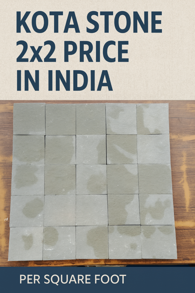 Kota Stone 2x2 1 Kota Stone 2x2 slabs neatly arranged for flooring and wall cladding, showing natural grey-green limestone surface with durable and polished finish, widely used in homes, offices, schools, and commercial projects across India.