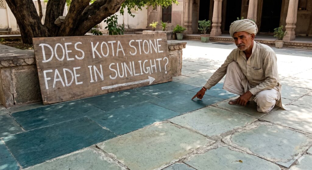 Natural Kota stone outdoor flooring exposed to sunlight showing durable and weather-resistant surface for terrace and parking areas