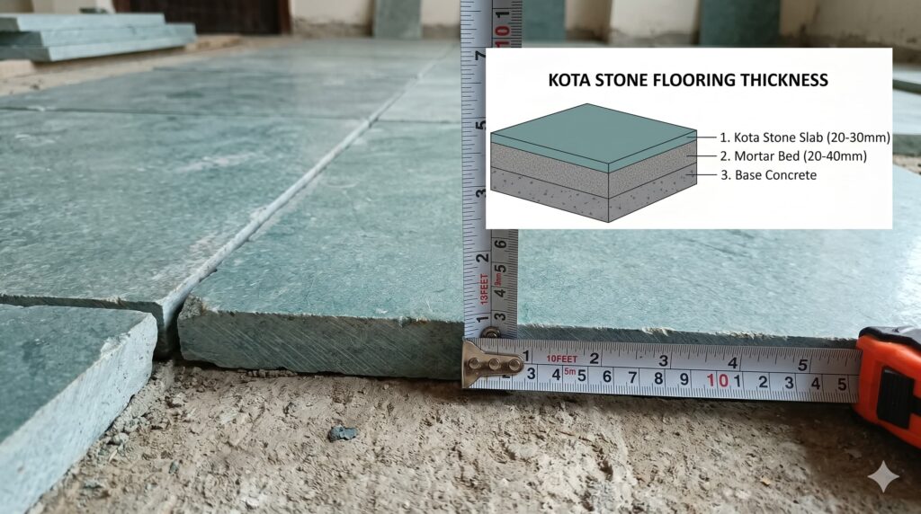 Different thickness sizes of Kota stone flooring slabs used for residential and commercial flooring in India