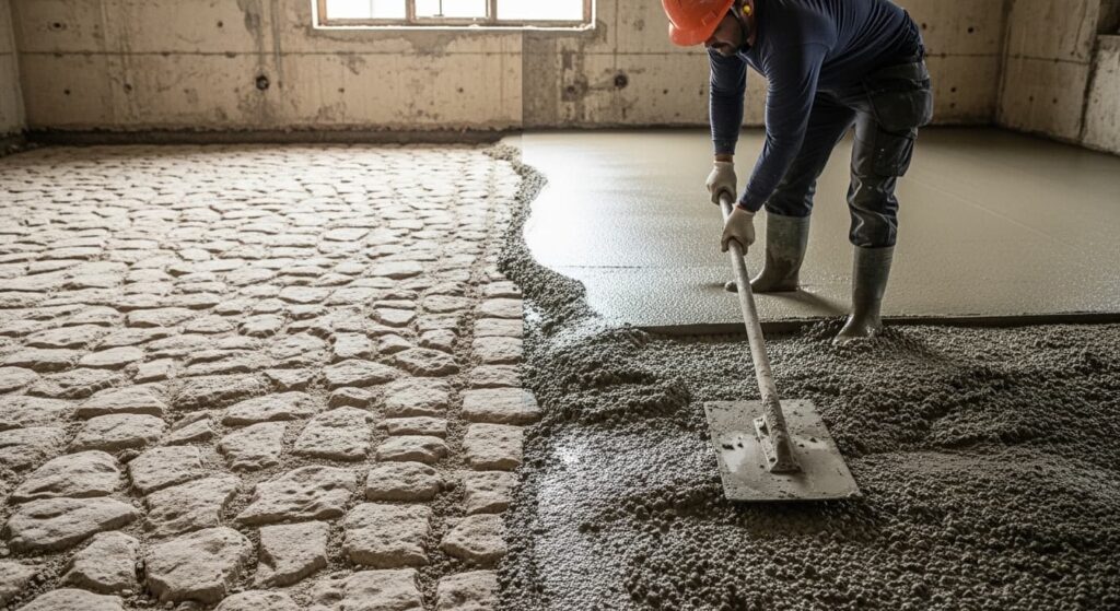 Is it possible to go to concrete flooring over existed rough kota stone flooring?