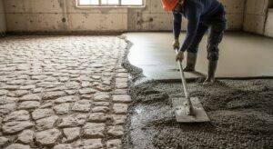 Is it possible to go to concrete flooring over existed rough kota stone flooring?