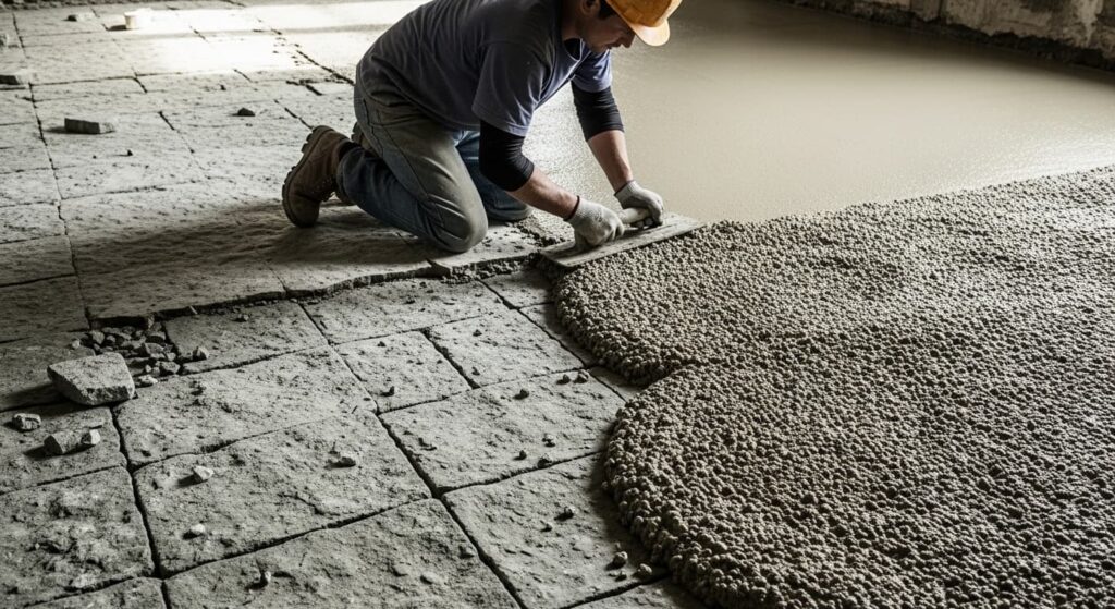 Is it possible to go to concrete flooring over existed rough kota stone flooring?